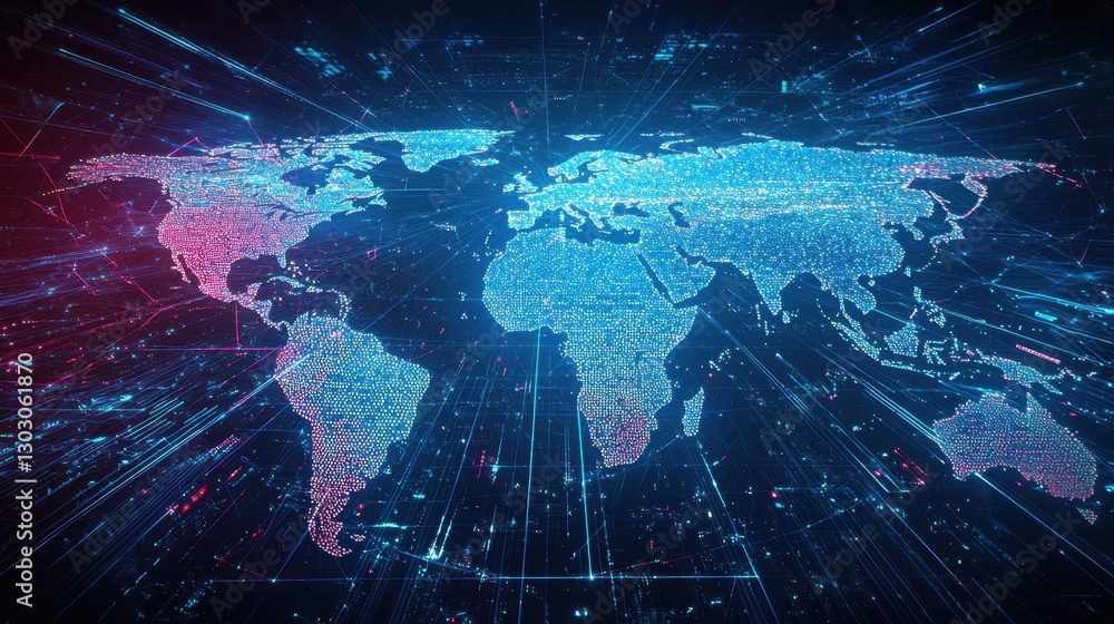 Poster business technology integration with a futuristic world map displaying ai trade insights.