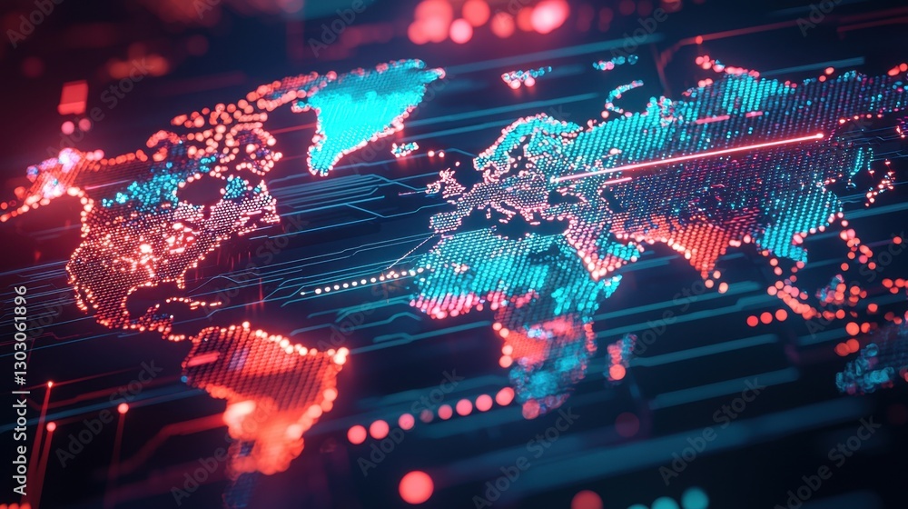 Poster business technology integration with a futuristic world map displaying ai trade insights.