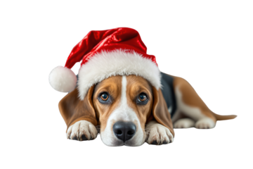 Dog with Santa hat, digital art style, white background, concept of Christmas celebration. Ai generative