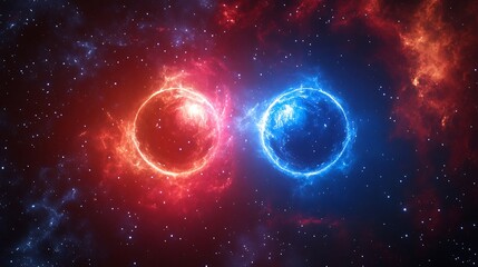 Naklejka premium A binary star system glowing in shades of red and blue, surrounded by cosmic gas clouds
