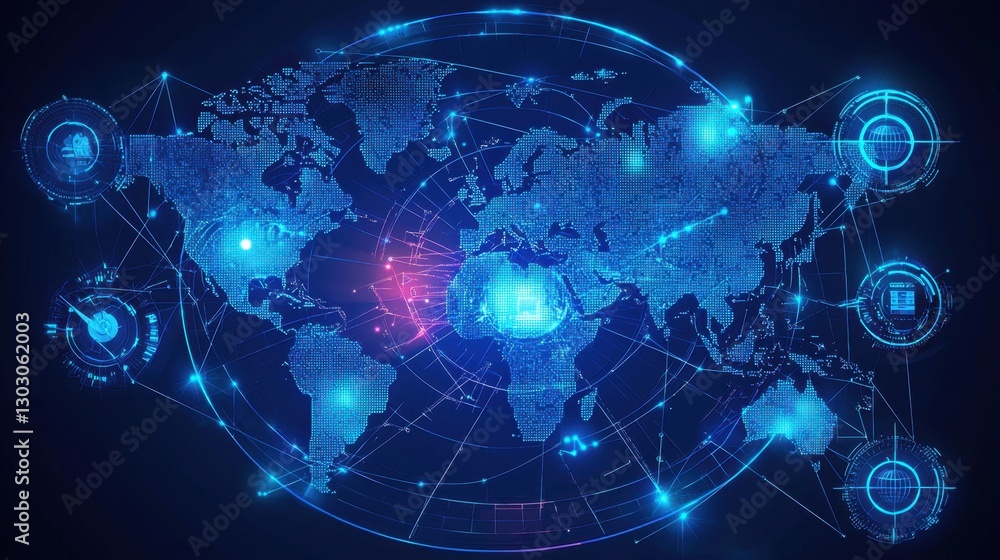 Poster business technology integration with a futuristic world map displaying ai trade insights.
