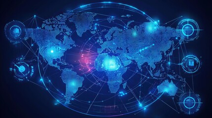 Obraz premium Business technology integration with a futuristic world map displaying AI trade insights.