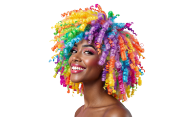 Curly hair with rainbow colors, digital art style on white background. Concept of creativity. Ai generative