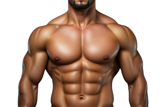 Muscular male torso, realistic style, white background, concept of fitness. Ai generative