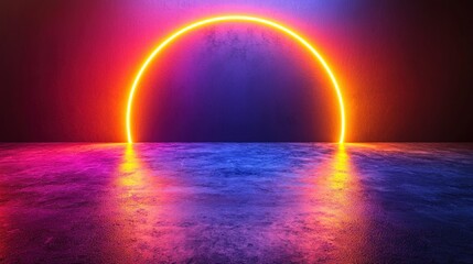 Neon Circle Arch on Concrete Stage with Vibrant Background