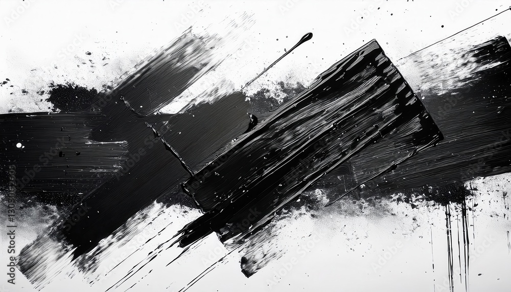 Poster dynamic black brushstroke abstraction with textured splashes on white background, modern minimalist 
