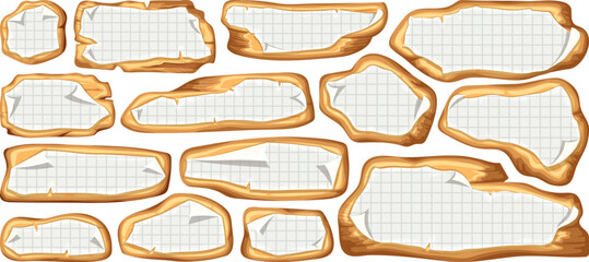 Obraz premium Wooden brown boards with old paper. Set vintage blank invitations, maps. Vector 3d elements for messages, banners, applications, notebooks, mobile games.