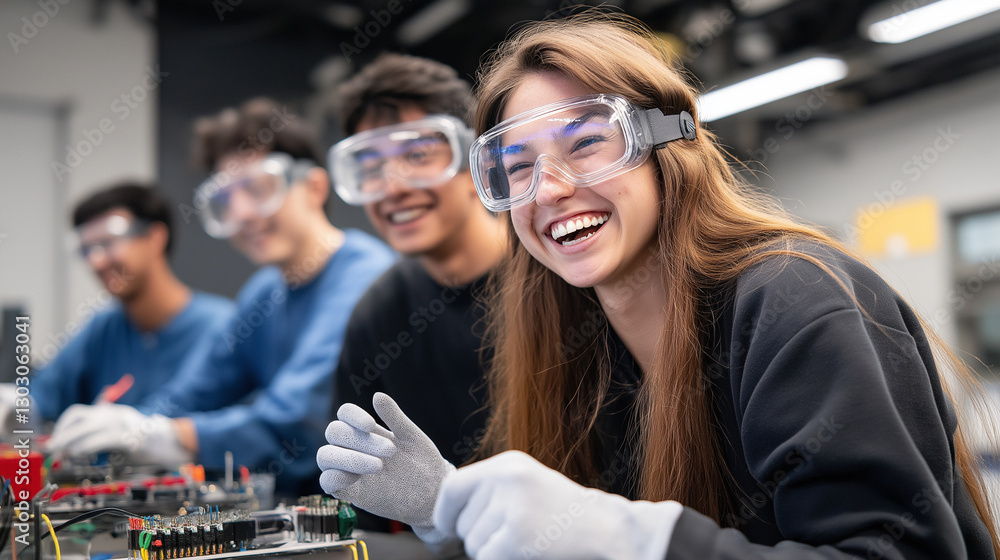 Poster a group of young electrical students in insulated gloves and goggles laugh while presenting their fu
