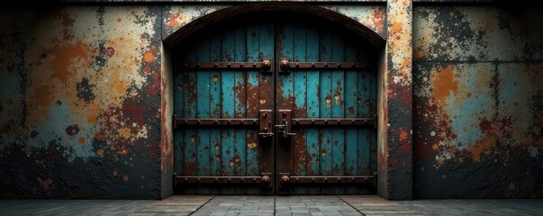 Heavy, aged prison doors, iron bars, rusted hinges, gate, weathered
