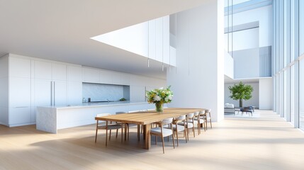 Modern Luxury Kitchen and Dining Room Interior with White Cabinets, Marble Countertop, and Elegant Wooden Table