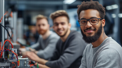 Students in electrical engineering pose with their smart home automation system, beaming with pride in a modern vocational training lab.
