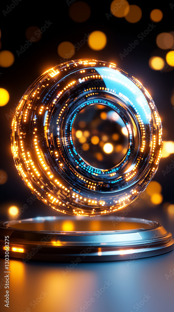 Poster spherical structure showcases a vibrant display of shifting patterns and lights, illustrating the co