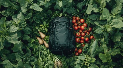 A black backpack surrounded by fresh harvested vegetables and produce
