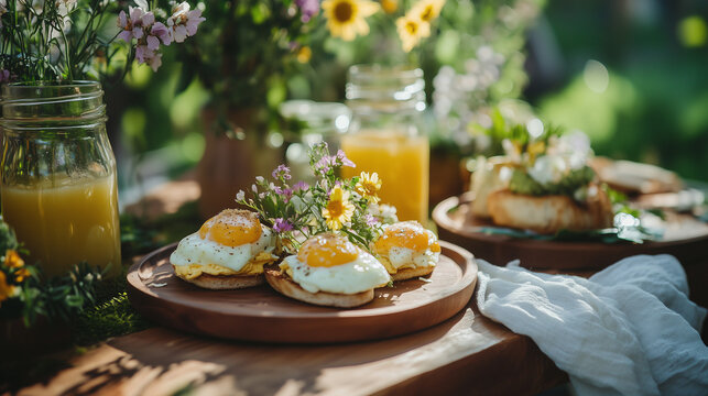 Fresh breakfast with pancakes, berries, juice, and syrup on a wooden table outdoors - Powered by Adobe