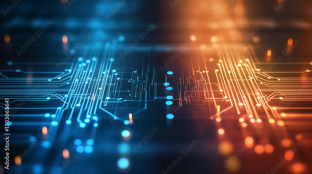 Poster a beauty futuristic abstract background in a high-tech style in blue and orange colors. shining line