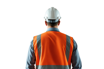 Construction worker in safety vest and helmet, realistic style, on white background. Concept of safety. Ai generative