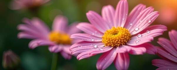 Obraz premium Close-up view, rain droplets on daisy, soft focus, blur, soft