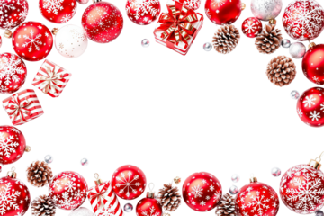 Christmas decorations with red and white ornaments. Graphic style on white background. Concept of holiday. Ai generative