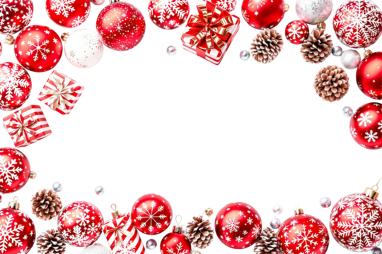 Christmas decorations with red and white ornaments. Graphic style on white background. Concept of holiday. Ai generative