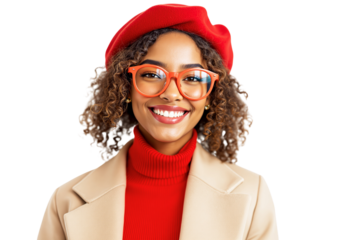 Smiling woman in red beret and glasses, realistic style, white background. Concept of fashion. Ai generative