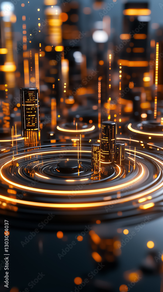 Aufkleber floating elements and swirling data engage in a vibrant display above a futuristic cityscape, reflec