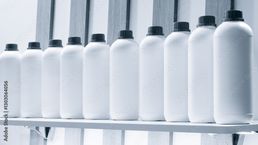 Poster a row of white bottles are lined up on a shelf. bottles are all the same size and shape, and they ar