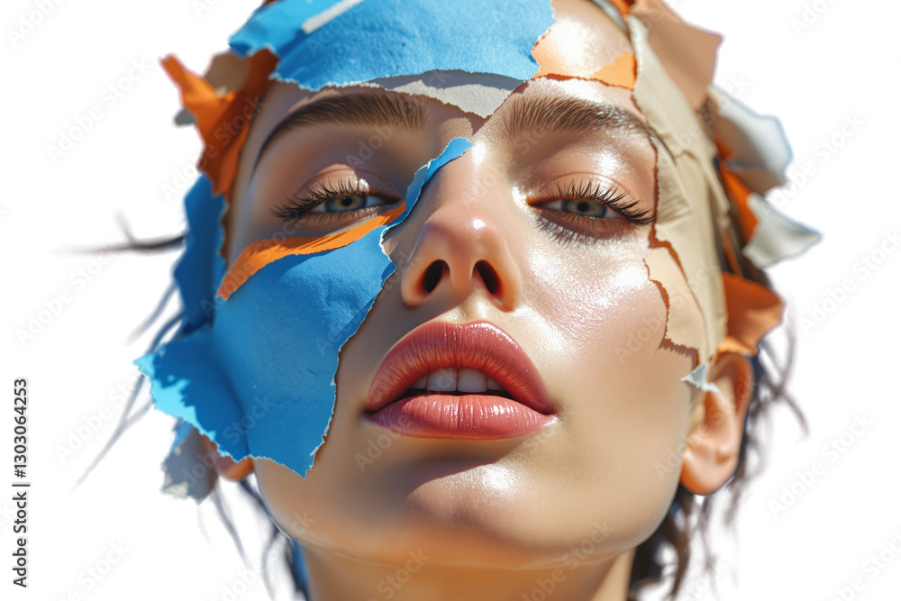 Poster face with colorful paper mask, surreal style, white background, concept of identity. ai generative