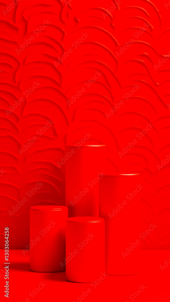 Poster three red cylinders on a textured red background