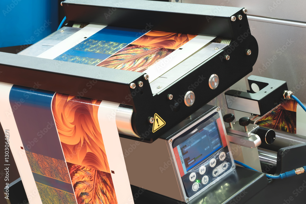 Poster A machine is printing a piece of paper with a design on it. The machine has a green button and a red button