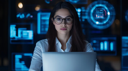 A confident woman in a technology-driven workspace oversees risk management protocols on her laptop. Infographics on data protection and ISO 27001 best practices appear in the back