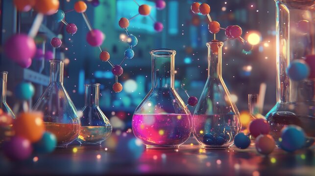 illustration of laboratory glassware with colorful chemical reactions occurring inside, detailed molecular structures of reactants and products, natural lighting, scientific and dynamic background