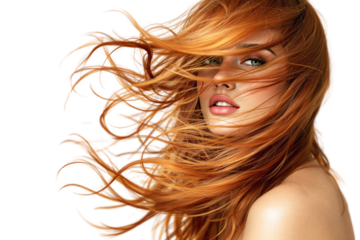Red hair flowing freely, graphic style, white background, concept of freedom. Ai generative