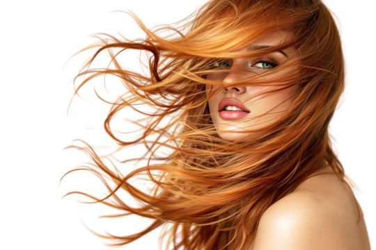 Red hair flowing freely, graphic style, white background, concept of freedom. Ai generative
