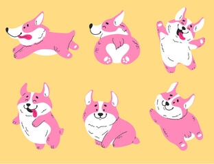 Welsh corgi dog cute puppy pet sticker line art concept set. Vector graphic design illustration element