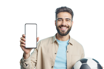 Man holding smartphone and soccer ball, realistic style, white background. Concept of sports technology. Ai generative
