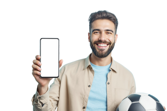 Man holding smartphone and soccer ball, realistic style, white background. Concept of sports technology. Ai generative