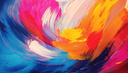 vibrant abstract brushstroke painting with dynamic swirls of red, orange, blue, and pink, ideal for modern decor and design

