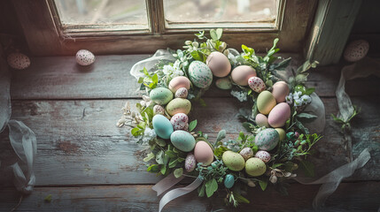 Festive Easter wreath with pastel flowers for springtime celebration and decor