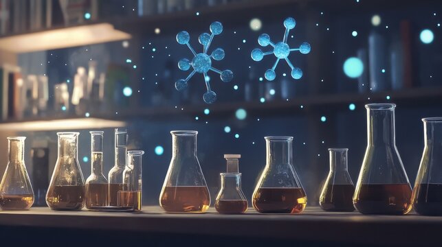 illustration of various laboratory glassware like beakers, flasks, and test tubes arranged on a lab bench, with detailed molecular structures floating above, natural lighting, scientific and education