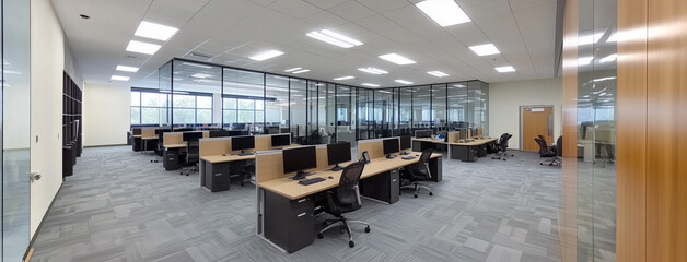 Modern office interior design, a rectangular open space with a white and black color scheme, full of desks and chairs for relaxation