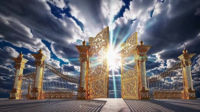 Open golden gates of Paradise against white clouds. Entrance to the afterlife for the righteous. The entrance to Paradise is adorned with golden gates and fluffy clouds.