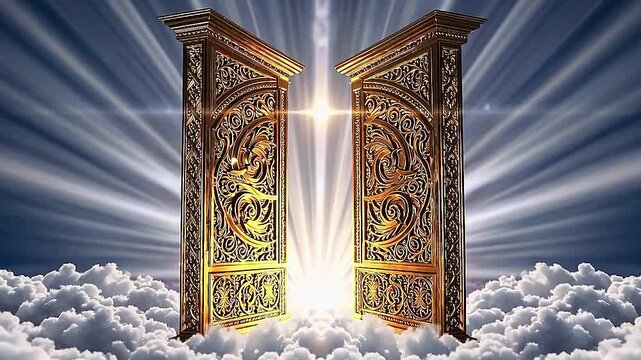 Open golden gates of Paradise against white clouds. Entrance to the afterlife for the righteous. The entrance to Paradise is adorned with golden gates and fluffy clouds.