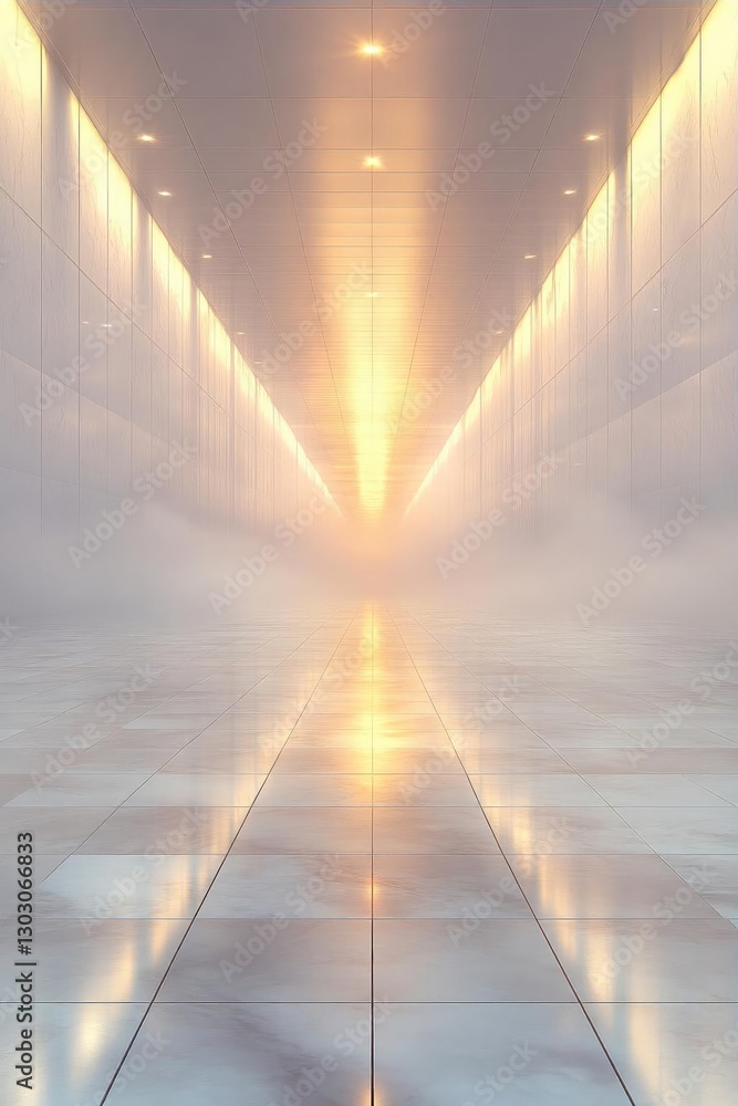 Poster serene corridor illuminated by soft light and fog, creating a tranquil atmosphere