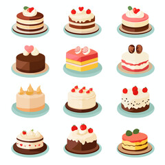 Colorful Cartoon Cake Collection with Strawberries, Cream, and Chocolate