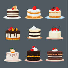 Variety of Delicious Cake Slices with Strawberries and Cherries