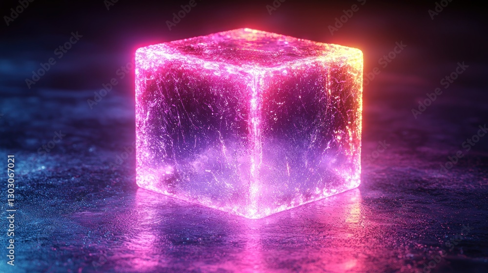 Poster neon cube glowing on reflective surface with dark background