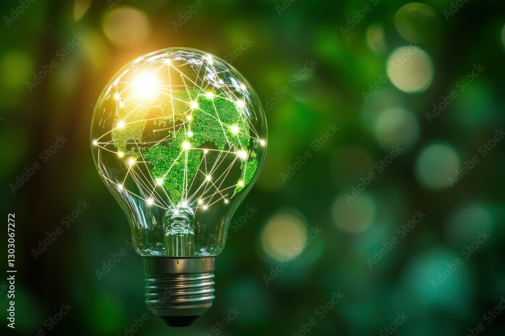 Poster light bulb with network and map of earth representing innovation and sustainability concepts