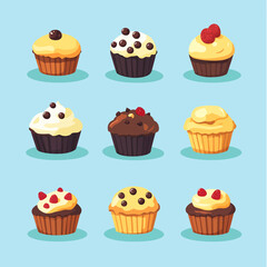 Assorted Cupcakes with Frosting and Toppings on Blue Background