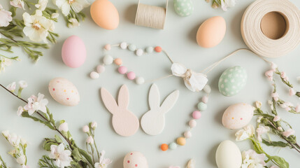 Easter eggs and bunny decor for spring holiday celebration with pastel colors