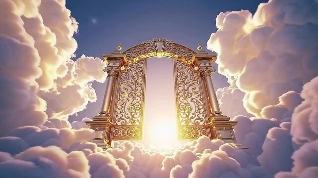 Open golden gates of Paradise against white clouds. Entrance to the afterlife for the righteous. The entrance to Paradise is adorned with golden gates and fluffy clouds.